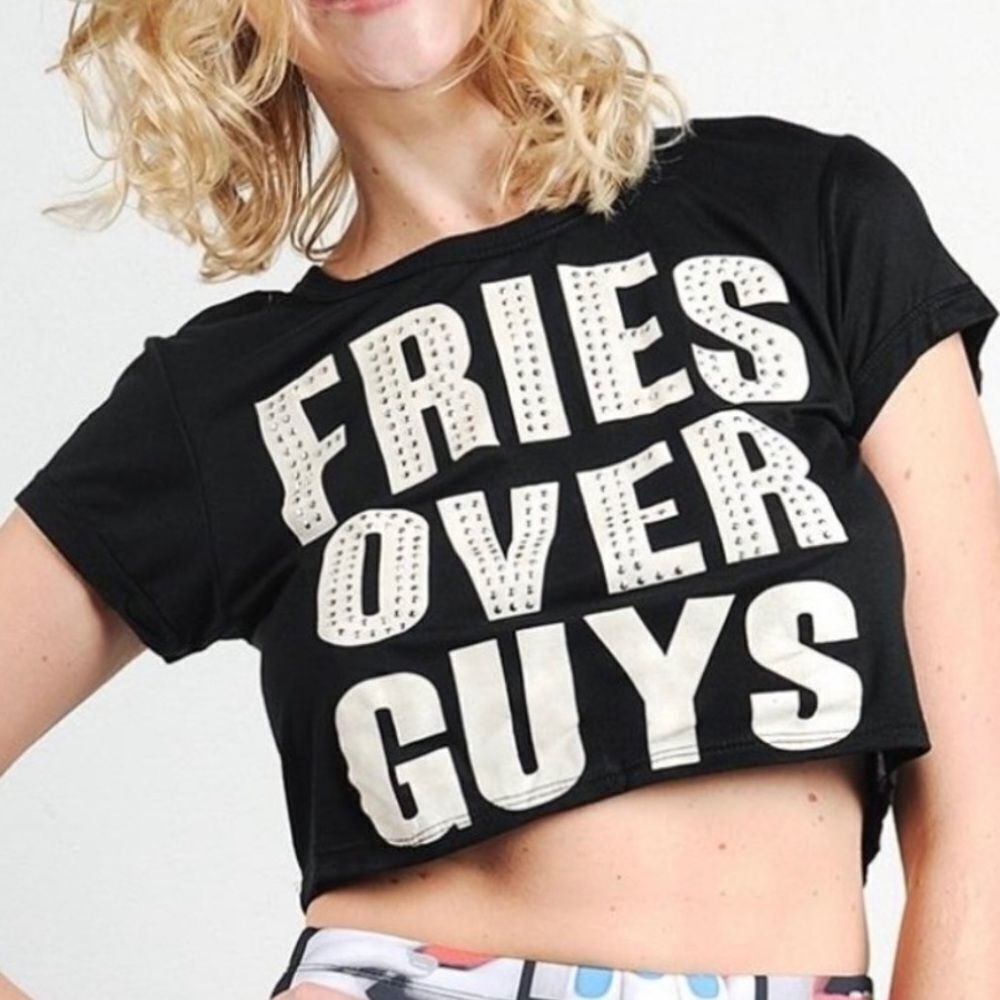 Blush Blinged Fries Over Guys Cropped T-shirt Black With White Writing Large